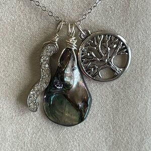 Abalone Wire Wrapped & Tree of Life Pendant Necklace –Rhinestone Charm –Handmade